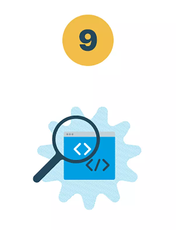 A magnifying glass inspecting code on a screen. Click for definition of agile principle 9.