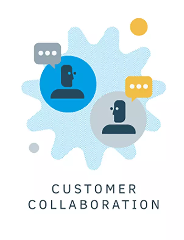 A client and customer communicating and collaborating. Click for definition of agile value 3.